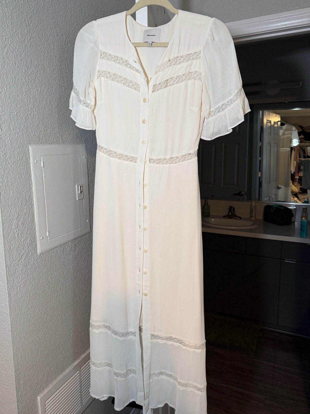 Reformation Cream Button-Front Lace-Trim Midi Dress